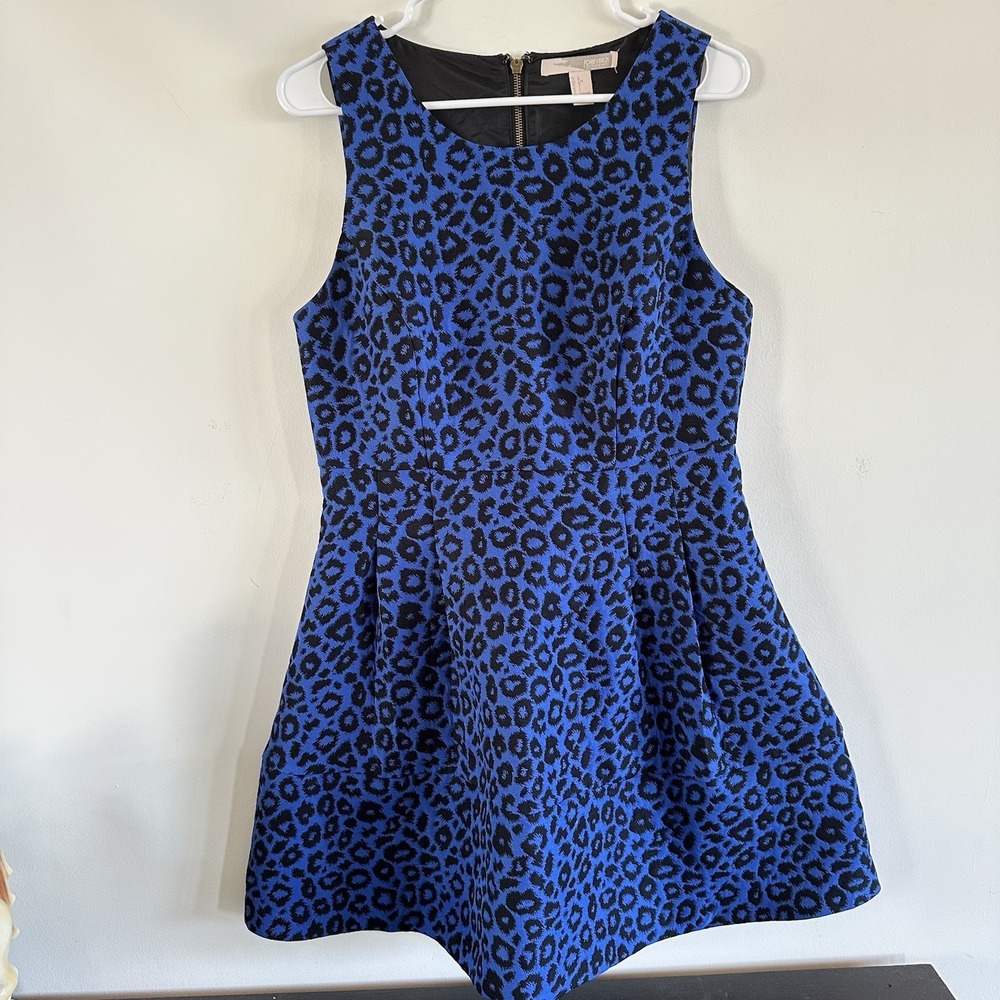 VTG Forever 21 Royal Blue Black Leopard Peplum Dress Large Jaquard Mini 2010's